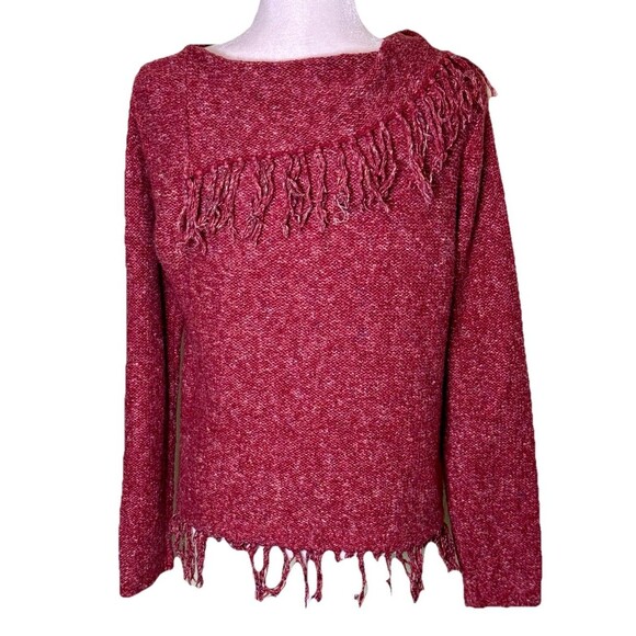 Women’s Red Marled Fringe Chunky Sweater Artsy Cozy Fall Boho Casual Rustic Sz M - Picture 3 of 8